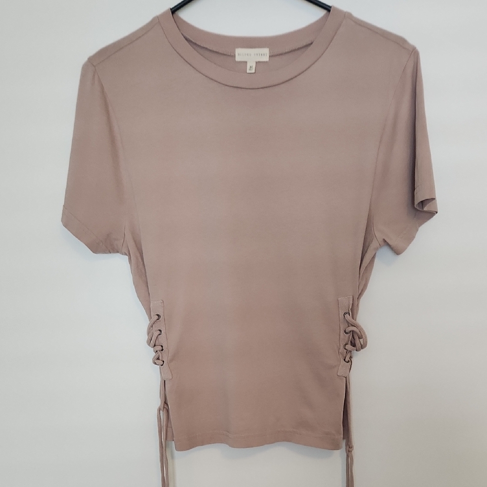 Gilded Intent Tan Ruched Tie Front Short Sleeve Tee